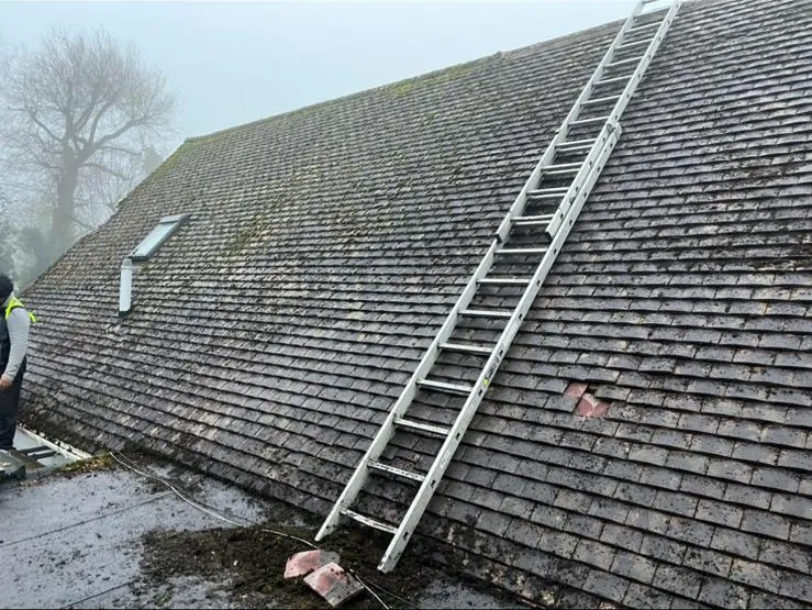 Old tiled roof with a roof ladder in place