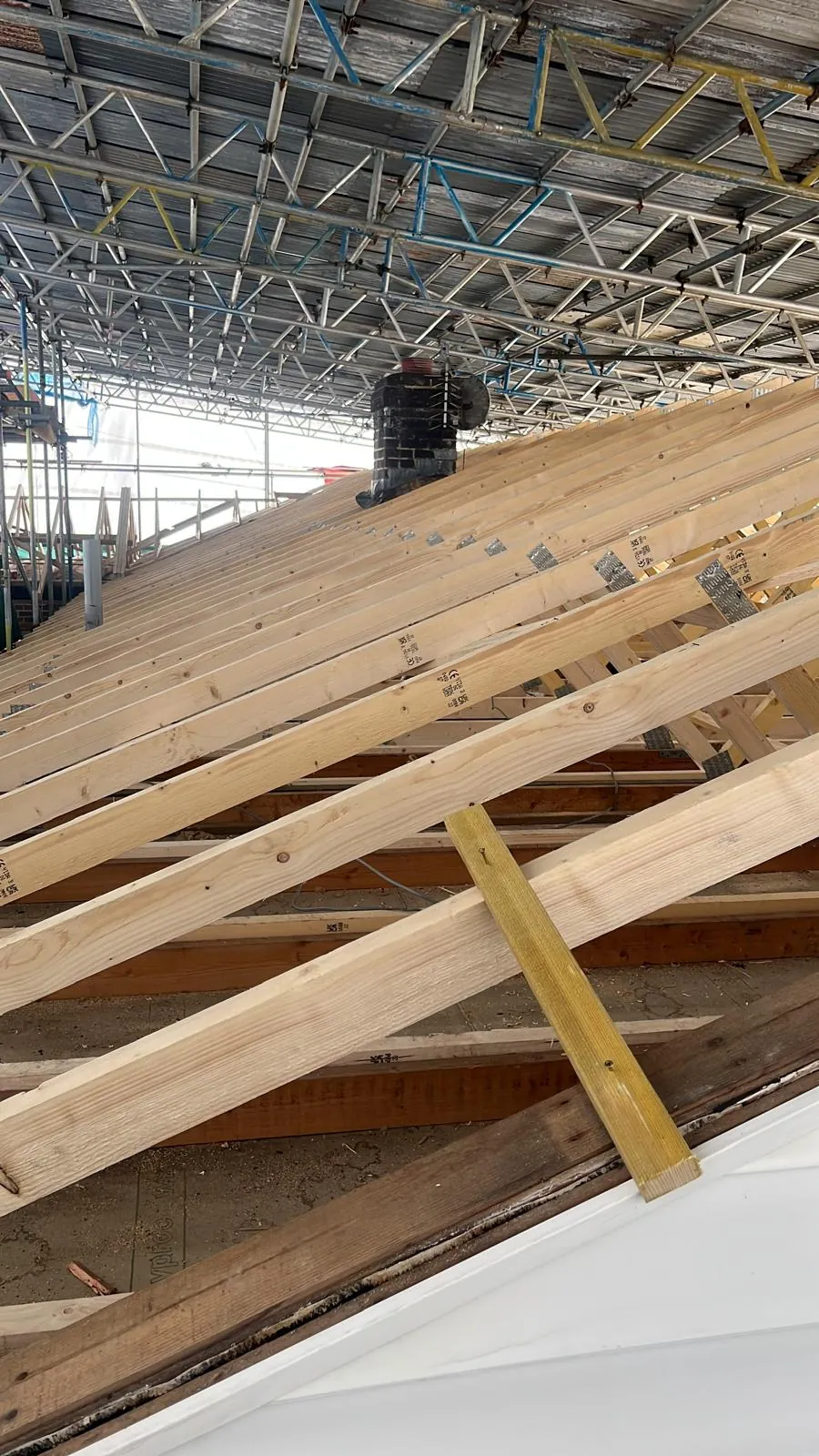 Trusses and bracing under a temporary roof, looking up the slope